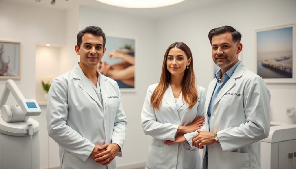 Three professional laser hair removal experts at Capri Med Spa, standing in a bright, modern clinic with clean white walls and gleaming medical equipment. The experts, dressed in crisp white coats, are intently focused on demonstrating the proper technique and safety protocols of the laser hair removal process. Soft, diffused lighting illuminates their faces, conveying a sense of expertise and care. In the background, glimpses of soothing decor and calming nature scenes suggest a relaxing, spa-like atmosphere. The image projects an air of professionalism, competence, and the importance of entrusting one's hair removal needs to qualified, experienced specialists at Capri Med Spa.