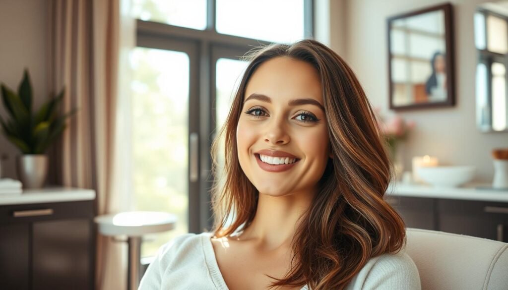 a beautiful young woman with a glowing, radiant complexion, sitting comfortably in a spa treatment room at Capri Med Spa in Silverlake. Soft, natural lighting filters through large windows, illuminating her features. The woman's expression conveys a sense of relaxation and satisfaction, reflecting the positive results of her Dysport treatment. The interior of the spa is elegantly appointed, with clean lines, neutral tones, and contemporary decor that creates a calming, spa-like ambiance. The overall scene evokes a serene, rejuvenating atmosphere that showcases the high-quality care and professionalism of Capri Med Spa.