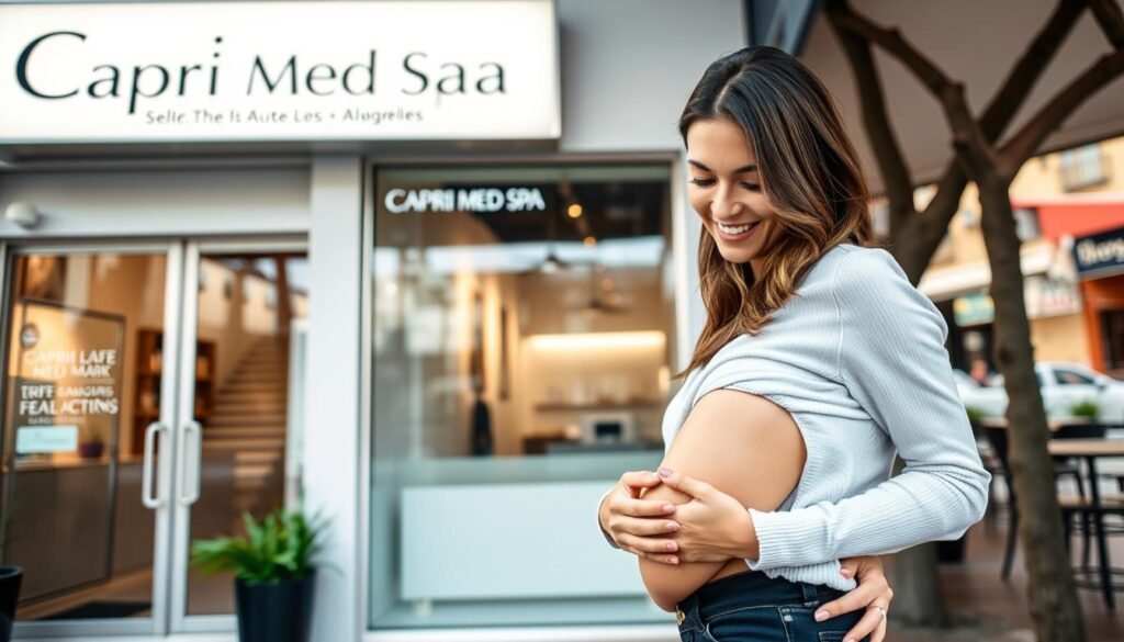 a professional photograph of an affordable stretch mark removal service offered at Capri Med Spa in Silverlake, Los Angeles. The image depicts the exterior of the spa with its signage and branding prominently displayed. The foreground shows a woman in her mid-thirties examining her thigh and smiling, indicating her satisfaction with the results of the treatment. The middle ground features the spa's modern, minimalist interior design with clean lines and soothing colors. The background showcases the vibrant, trendy neighborhood of Silverlake with its eclectic shops and cafes. The lighting is soft and diffused, creating a warm and welcoming atmosphere. The overall composition conveys the affordability, professionalism, and effectiveness of the stretch mark removal services offered at Capri Med Spa.