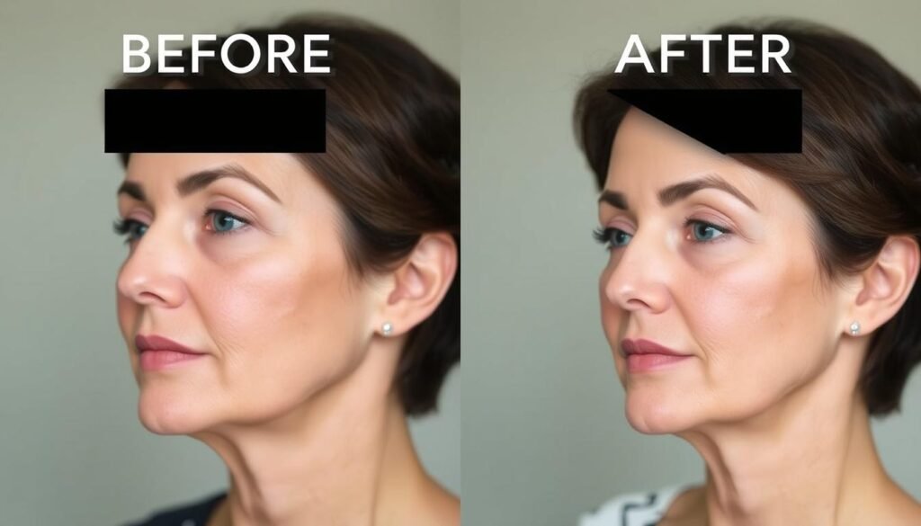 A before and after image of a Kybella treatment at Capri Med Spa in Toluca Lake. In the before image, the subject has a double chin with excess fat under the jawline. The after image shows the same subject with a more defined, sculpted jawline and a slimmer, more contoured profile. The lighting is soft and flattering, captured with a high-quality DSLR camera at a medium focal length. The background is blurred, drawing the focus to the subject's face. The overall mood is natural, highlighting the positive results of the Kybella treatment at Capri Med Spa.