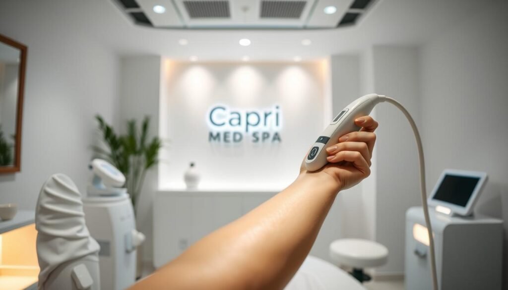 A bright, clean medical spa interior with sleek, modern equipment. In the foreground, a Capri Med Spa technician demonstrates a state-of-the-art stretch mark removal treatment on a patient's arm, using a handheld device emitting a soft, warm glow. The middle ground features serene, minimalist decor with neutral tones and natural lighting, conveying a sense of tranquility and professionalism. The background showcases the Capri Med Spa brand identity, with a discreet logo and signage visible. The overall atmosphere is one of trust, expertise, and a commitment to providing effective, comfortable stretch mark reduction solutions.