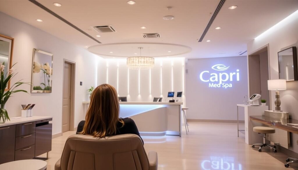A bright, well-lit interior of the Capri Med Spa in Altadena, California. The reception area features a sleek, modern aesthetic with clean lines and a calming, professional atmosphere. In the foreground, a woman is seated in a comfortable chair, preparing for her Dysport treatment. The middle ground showcases the spa's high-end equipment and soothing decor, reflecting the care and attention to detail that patients can expect. The background highlights the spa's branding, including the prominent "Capri Med Spa" logo, conveying a sense of trust and expertise. The overall scene exudes a sense of tranquility and confidence, setting the stage for a rejuvenating Dysport experience.