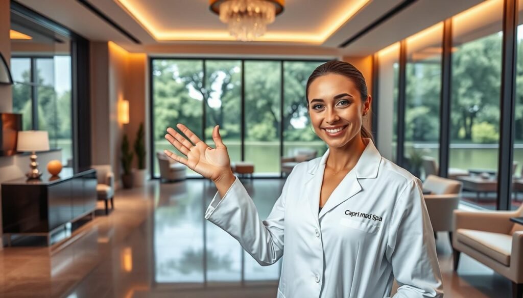 A chic and modern medical spa interior with warm lighting and sleek, minimalist decor. In the foreground, a Botox specialist in a crisp, white lab coat gestures warmly towards the camera, exuding professionalism and expertise. The middle ground features an elegant waiting area with plush seating and subtle Capri Med Spa branding. The background showcases floor-to-ceiling windows overlooking the lush greenery of Toluca Lake, creating a serene and rejuvenating atmosphere.
