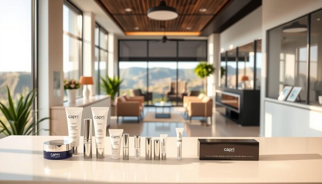 A chic, modern clinic nestled in the heart of Altadena, with a sleek and serene interior bathed in warm, natural lighting. In the foreground, a display of popular cheek filler brands, including the renowned Capri Med Spa, presented on a minimalist white counter. The middle ground showcases a cozy waiting area with plush, neutral-toned seating and subtle greenery, creating a tranquil ambiance. The background features a panoramic view of the picturesque Altadena hills, adding a sense of serene sophistication. The overall atmosphere exudes professionalism, expertise, and a commitment to natural-looking results, perfectly capturing the essence of the "Rejuvenate Your Cheeks with Fillers in Altadena" article.