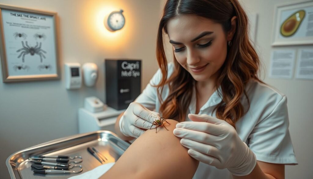 A clean, well-lit examination room at Capri Med Spa, with a variety of medical instruments and supplies neatly arranged on a stainless steel tray. In the center, a spider crawling on a patient's arm is being carefully removed by a skilled technician using specialized tweezers. The room is bathed in a soft, warm light, creating a calming and professional atmosphere. The technician's expression is one of focused determination, highlighting the delicate and precise nature of the spider removal procedure. In the background, framed diagrams and informational posters provide guidance on post-removal care and prevention tips.
