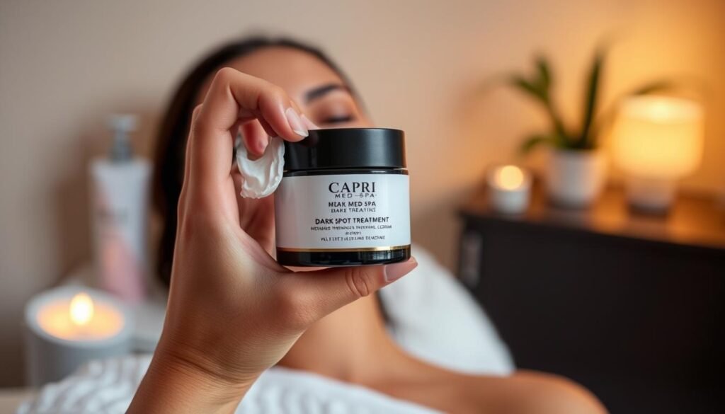 A close-up of a client's hand applying a dark spot treatment cream from the Capri Med Spa product line against a blurred background of their treatment room. The warm, soft lighting creates a soothing, spa-like atmosphere. The cream's texture is visible, and the client's skin tone and texture are clearly depicted, showcasing the treatment's effectiveness. The scene conveys a sense of relaxation and confidence in the Capri Med Spa's ability to address dark spots and uneven skin tone.