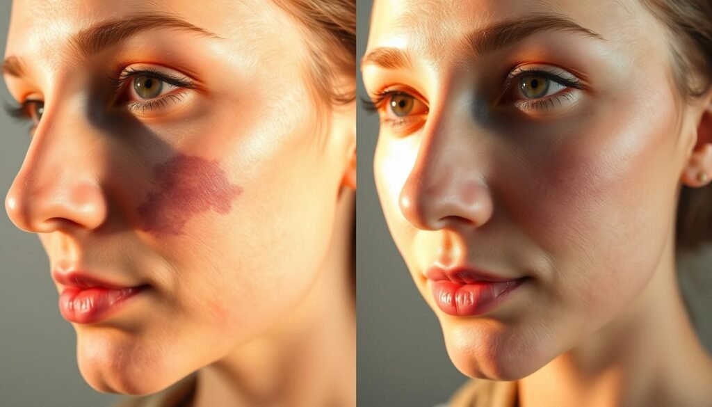 A close-up portrait of a person's face, showcasing a visible scar on one side. On the left, the scar appears raised, discolored, and prominent. On the right, the same scar is noticeably reduced in size, texture, and color, with a smoother, more even skin tone. Soft, warm lighting from the side, creating subtle shadows and highlights to accentuate the skin's texture. A plain, neutral background places the focus entirely on the subject's face and the dramatic transformation of the scar. The overall mood is one of hope and confidence, reflecting the successful scar reduction treatment at Capri Med Spa.