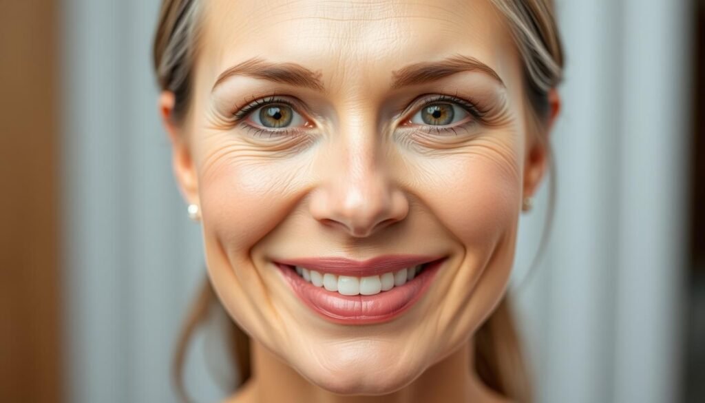 A close-up portrait of a smiling middle-aged woman with radiant, rejuvenated skin, showcasing the results of a Capri Med Spa facial treatment in Altadena, California. The woman's face is illuminated by soft, diffused lighting, accentuating her smooth complexion and youthful glow. Her expression conveys a sense of confidence and satisfaction, reflecting the transformative effects of the treatment. The background is blurred, creating a minimalist, studio-like setting that puts the client's face at the center of attention, highlighting the quality of the Capri Med Spa's Restylane rejuvenation services.
