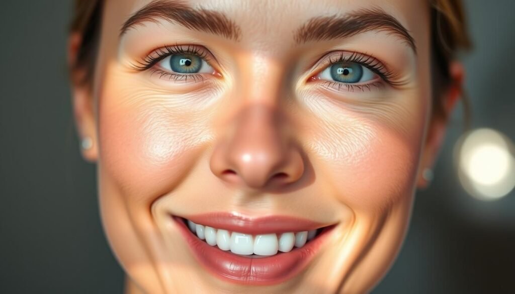 A close-up portrait of a woman with glowing, radiant skin after a microdermabrasion treatment at Capri Med Spa. Her complexion is smooth, even, and luminous, with a healthy, dewy glow. Soft, directional lighting creates subtle shadows and highlights, emphasizing the natural texture and clarity of her skin. The subject's expression is serene and confident, conveying a sense of renewed vitality and rejuvenation. The background is softly blurred, keeping the focus solely on the captivating, youthful complexion.