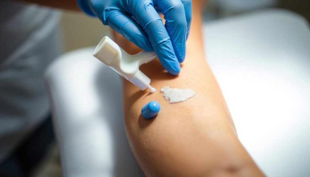 A close-up shot of a scar removal treatment procedure at the Capri Med Spa in Toluca Lake. The foreground shows a medical professional's gloved hands gently applying a specialized cream or serum to the patient's skin, the area surrounding the scar appears clean and prepped. The middle ground reveals the patient's arm or leg, with the scar clearly visible. The background is blurred, creating a sense of clinical focus and attention to detail. Soft, directional lighting illuminates the treatment area, conveying a sense of care and professionalism. The overall mood is calm, reassuring, and conducive to optimal healing.