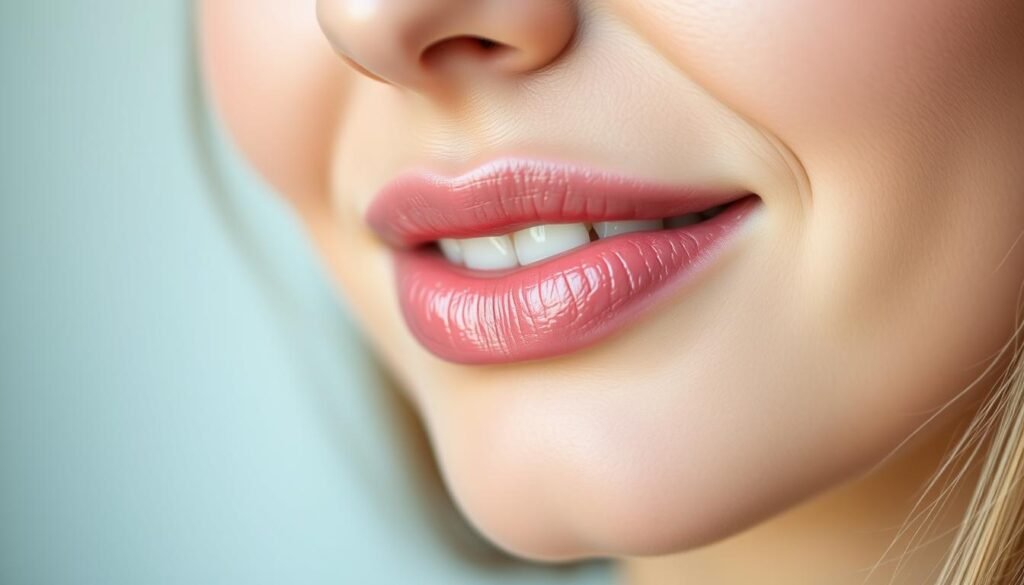 A close-up shot of a woman's freshly moisturized lips, showcasing the natural enhancement provided by lip fillers from Capri Med Spa in Toluca Lake. The lighting is soft and flattering, highlighting the plump, glossy texture of the lips. The background is blurred, placing the focus entirely on the subject's pout. The overall mood is serene and confident, reflecting the satisfactory results of the lip enhancement procedure.