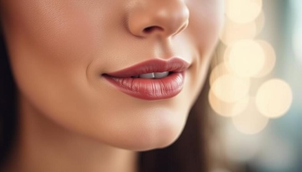 A close-up shot of a woman's lips, the skin smooth and healthy-looking. Her lips are slightly parted, revealing a subtle, natural-looking enhancement. The lighting is soft and flattering, with a warm, ambient glow. The background is blurred, placing the focus entirely on the lips. The image conveys a sense of confidence and rejuvenation, reflecting the results of a Restylane lip augmentation treatment at Capri Med Spa.