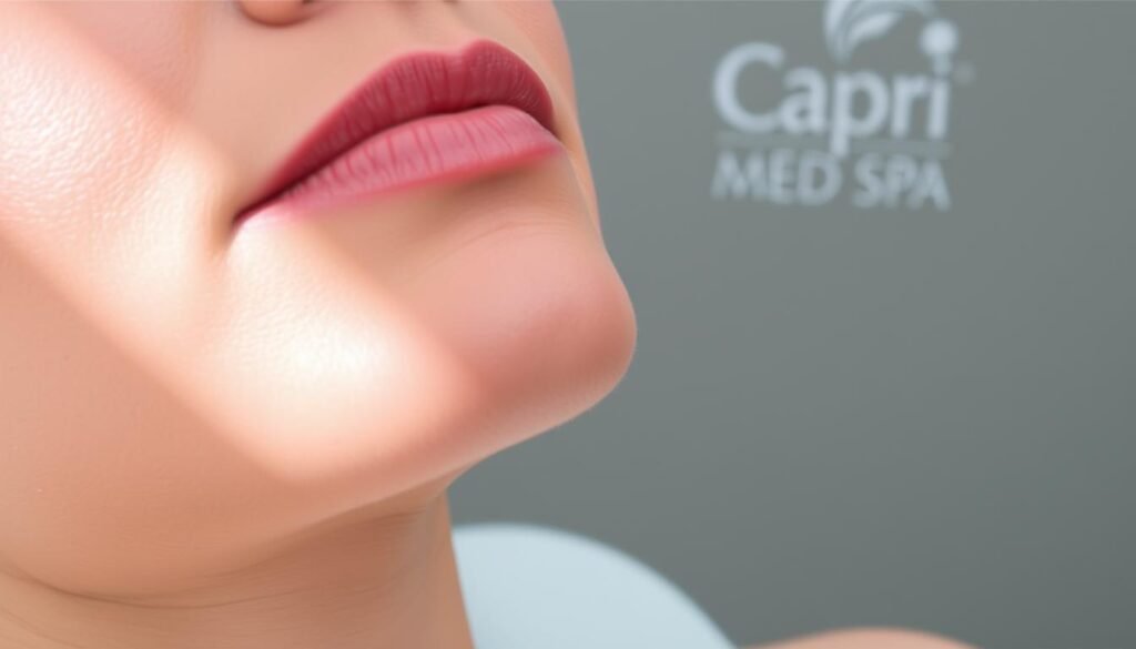 A close-up shot of the jawline area, showcasing the effects of dermal fillers. The skin has a smooth, youthful appearance with subtle contours and a natural-looking definition. The lighting is soft and diffused, creating a calming, clinical atmosphere. In the background, the Capri Med Spa logo is visible, indicating the professional setting where this treatment was performed. The overall composition emphasizes the transformative power of jawline fillers, highlighting the importance of proper aftercare for achieving a sculpted, rejuvenated look.