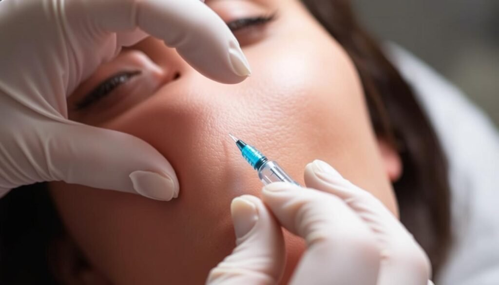 A close-up view of a dermal fillers procedure being performed at the Capri Med Spa. The scene depicts a healthcare professional's hand gently injecting a dermal filler into the patient's cheek, carefully maintaining an even and natural-looking application. The lighting is soft and diffused, creating a serene and professional atmosphere. The background is blurred, keeping the focus on the delicate procedure taking place. The overall mood conveys a sense of care, expertise, and the transformative power of the treatment.