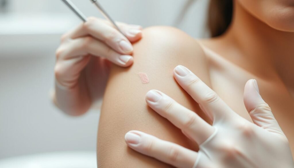 A close-up view of a patient's arm undergoing a scar revision procedure at Capri Med Spa in Toluca Lake. The skin is smooth and even, with a faint pink line where the incision was made. The lighting is soft and diffused, creating a calming, clinical atmosphere. The background is blurred, keeping the focus on the delicate treatment area. The physician's skilled hands are gently manipulating the skin, carefully working to minimize the appearance of the scar. The patient's expression is serene, conveying a sense of trust and confidence in the Capri Med Spa team.