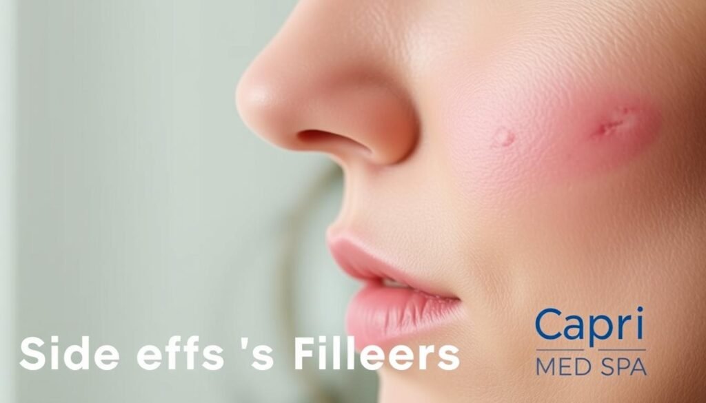 A close-up view of a person's face, showcasing the potential side effects of Juvéderm fillers. The skin appears slightly reddened, with subtle swelling around the injection sites. The lighting is soft and natural, emphasizing the delicate texture of the skin. The background is blurred, keeping the focus on the facial features. Capri Med Spa's logo is visible in the corner, providing a professional medical context. The overall mood is one of caution and care, highlighting the importance of understanding the potential risks associated with this cosmetic treatment.