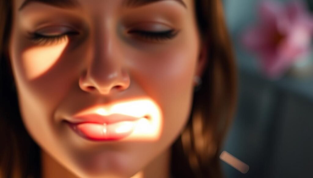 A close-up view of a serene, glowing face illuminated by soft, natural lighting. The skin appears radiant and rejuvenated, with a subtle, healthy glow. In the foreground, a serene and serene expression, while in the middle ground, tiny, precision-crafted needles are visible, hinting at the microneedling process. The background is slightly blurred, creating a sense of focus on the key elements. The overall atmosphere is calming and inviting, conveying the benefits of microneedling treatment at Capri Med Spa.