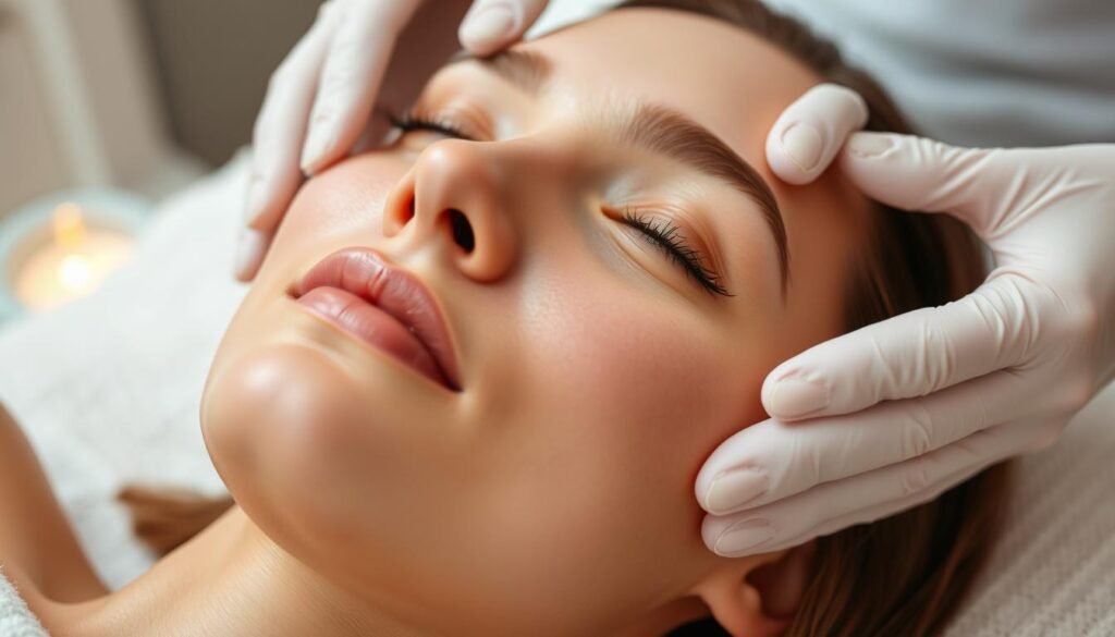 A close-up view of a serene, youthful face undergoing a luxurious brightening facial treatment at the Capri Med Spa. Soft, warm lighting illuminates the model's glowing, radiant skin as they recline comfortably, eyes closed in tranquil relaxation. Delicate botanical extracts and nourishing oils are gently massaged into the skin, revealing a natural, even-toned complexion. The soothing, spa-like atmosphere is conveyed through the use of minimalist, elegant decor in muted tones. The overall scene evokes a sense of pampering, rejuvenation, and a renewed, refreshed complexion.