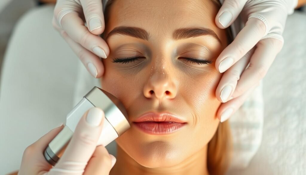 A close-up view of a woman's face during a Capri Med Spa microdermabrasion treatment. The skin is illuminated by soft, diffused lighting, revealing an intricate pattern of fine lines and uneven texture. The aesthetician's hands, wielding a specialized microdermabrasion tool, gently exfoliate the skin, buffing away dull surface cells. The treatment takes place in a serene, minimalist spa setting, with clean white walls and sleek, modern furnishings providing a calming backdrop. The woman's expression is one of relaxation and tranquility, as the treatment helps reveal a brighter, more youthful complexion.