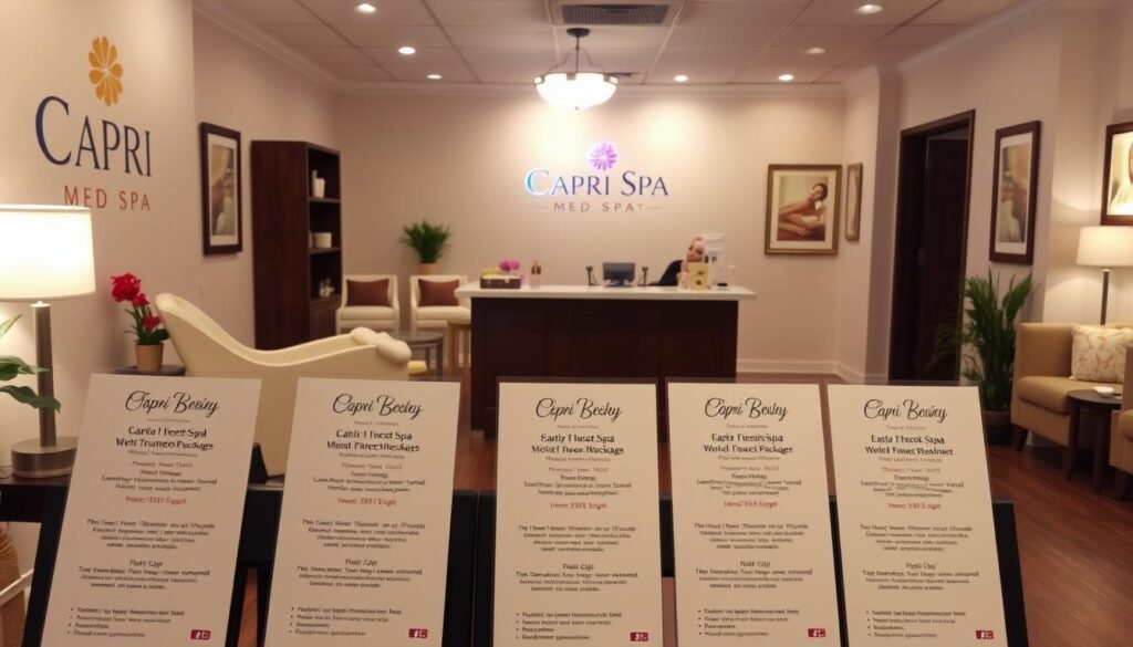 A cozy, well-lit spa interior featuring the Capri Med Spa brand. In the foreground, a display of various facial treatment packages, each with clear pricing and descriptions. The middle ground showcases a serene, relaxing environment with soft lighting, calming decor, and a receptionist desk. The background features other spa amenities like massage rooms and a tranquil waiting area. The overall mood is inviting, professional, and focused on delivering affordable, high-quality facial services to the local community.