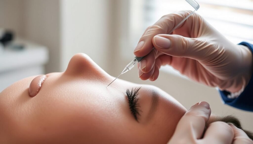 A detailed close-up view of a hand administering Sculptra injections at the Capri Med Spa in Altadena. The skin is gently pinched, and the needle is carefully inserted, delivering the injectable filler beneath the surface. Soft, diffused lighting from a large window illuminates the scene, casting subtle shadows and highlighting the delicate textures. The overall mood is clinical yet reassuring, conveying the expertise and care of the medical professional performing the procedure.