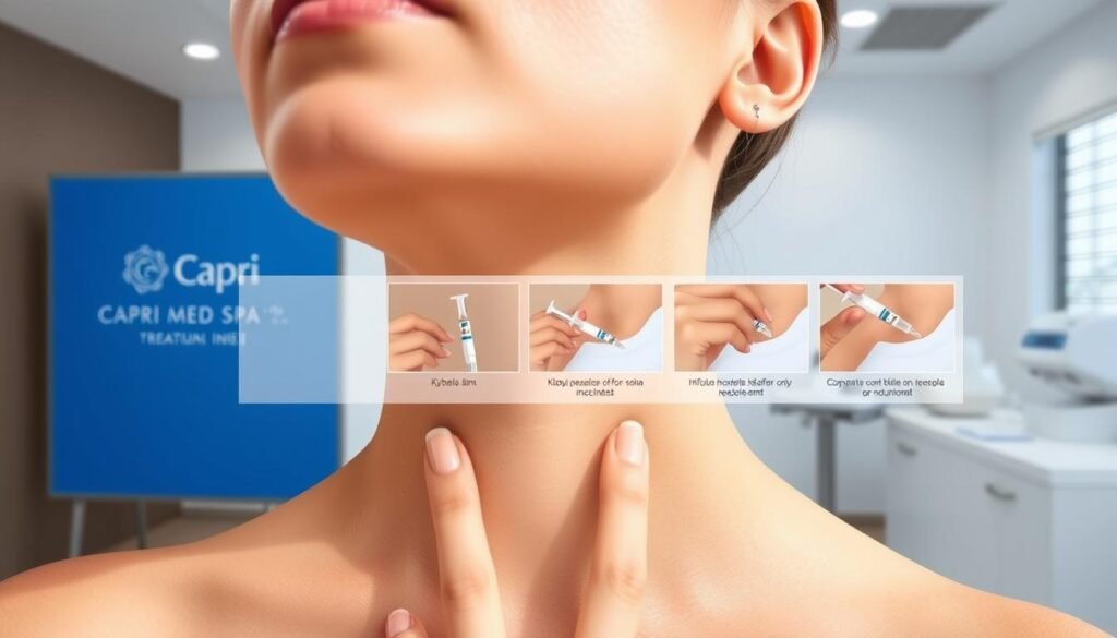 A detailed medical illustration showcasing the Kybella treatment process. In the foreground, a close-up view of a patient's chin and neck area, with the injection sites clearly marked. In the middle ground, a series of sequential images depicting the various steps of the Kybella injection procedure, including the precise placement of the needles and the diffusion of the active ingredient. The background features a clean, clinical environment reminiscent of a Capri Med Spa treatment room, with subtle branding visible. The lighting is bright and natural, accentuating the technical precision of the treatment. The overall mood is informative and reassuring, conveying the expertise and professionalism of the Kybella procedure.