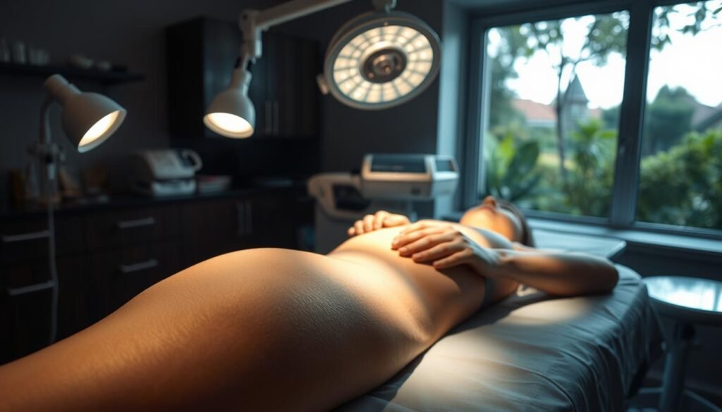 A dimly lit medical office in Toluca Lake, California. In the foreground, a patient reclining on an examination table, their scarred skin illuminated by the soft glow of surgical lamps. The skilled hands of a Capri Med Spa surgeon carefully inspecting the scar, evaluating the best approach for scar revision treatment. The middle ground reveals advanced medical equipment, sterile surgical tools, and a soothing, calming atmosphere. In the background, a window overlooking the lush greenery of the Toluca Lake neighborhood, conveying a sense of tranquility and care. The scene exudes professionalism, expertise, and the promise of improved skin health and appearance through the Capri Med Spa's scar removal services.