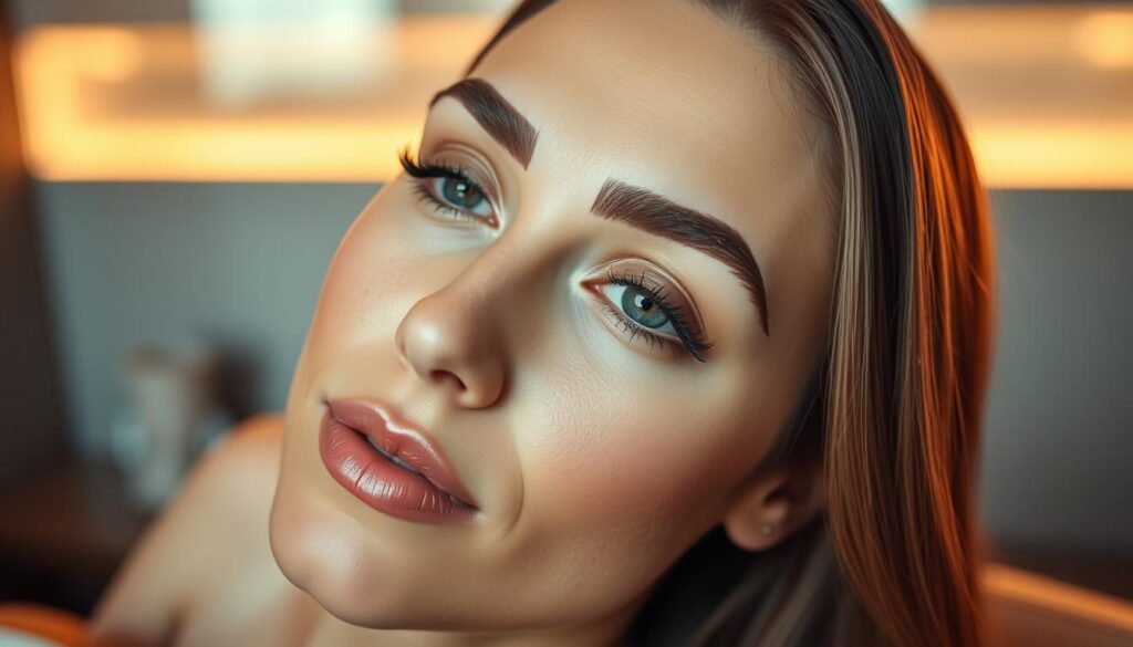 A high-quality, glamorous close-up shot of a woman's face with perfectly applied powdered brows against a soft, blurred background of the Capri Med Spa in Toluca Lake. Warm, directional lighting illuminates the subject's flawless skin and emphasizes the natural, yet precisely defined brow shape. The image conveys a sense of relaxation, comfort, and confidence, highlighting the transformative effects of the powdered brow treatment.