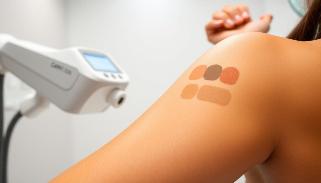 A high-resolution image showcasing laser hair removal treatments for diverse skin types. In the foreground, a close-up of a person's arm undergoing the procedure, with the Capri Med Spa laser device visible. In the middle ground, various skin tone swatches demonstrate the inclusive nature of the treatments. The background features a clean, minimalist medical setting with soft, diffused lighting, conveying a sense of professionalism and expertise. The overall composition emphasizes the personalized, tailored approach to laser hair removal at Capri Med Spa.