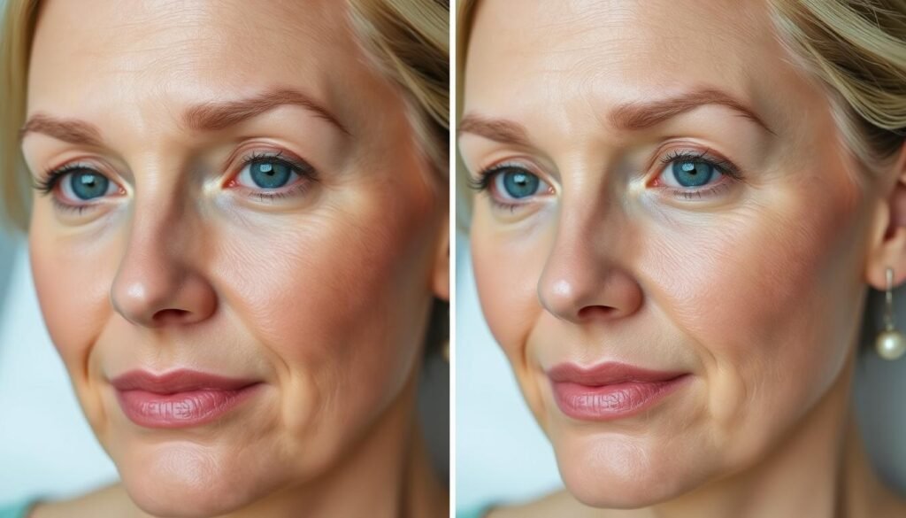 A high-resolution photorealistic image of a Capri Med Spa client's facial skin before and after advanced Intense Skin Resurfacing (ISR) treatment. The before image shows a middle-aged person's face with uneven skin tone, fine lines, and visible blemishes. The after image reveals smooth, glowing, and rejuvenated skin with a youthful, radiant appearance. The lighting is soft and flattering, capturing the natural texture and clarity of the skin. The composition places the two images side-by-side, allowing for a clear comparison of the dramatic improvement in skin quality and health. The overall mood is one of transformation, highlighting the remarkable results of the Capri Med Spa's cutting-edge ISR therapy.