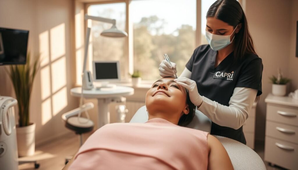 A medical spa setting, with a bright, well-lit examination room. In the foreground, a patient is reclined comfortably, as a skilled Capri Med Spa technician carefully administers Restylane injections to their face. The technician's movements are precise and gentle, ensuring a smooth, professional treatment process. The patient's expression conveys a sense of relaxation and trust. In the background, modern medical equipment and calming decor create a soothing, clinical ambiance. Warm, natural lighting cascades through large windows, enhancing the overall serene atmosphere.