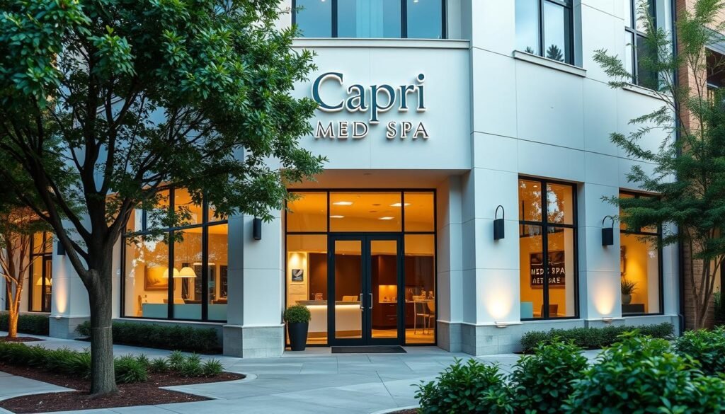 A modern and upscale medical spa facade with the Capri Med Spa branding displayed prominently. The building has a sleek, contemporary design with large windows, clean lines, and a minimalist aesthetic. The entrance is framed by architectural elements that create an inviting and professional atmosphere. The lighting is warm and subtle, illuminating the building's facade. The surrounding area features lush greenery, neatly manicured landscaping, and a serene, calming ambiance that complements the medical spa's focus on facial enhancement and rejuvenation.