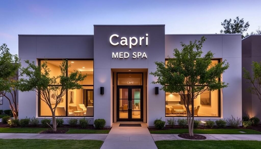 A modern medical facility with a sleek, minimalist exterior, the Capri Med Spa in Altadena stands as a beacon of advanced skincare treatments. The building's clean lines and large windows create an inviting, serene atmosphere, reflecting the cutting-edge ISR (Intense Sterilized Radiation) therapy offered within. A lush, manicured landscape surrounds the structure, with carefully placed trees and shrubbery framing the entrance. The interior is designed with patient comfort in mind, featuring a warm, natural color palette and modern, ergonomic furnishings. Subdued lighting and soothing background music create a calming, spa-like ambiance, complementing the state-of-the-art medical technology used in the ISR treatment center.