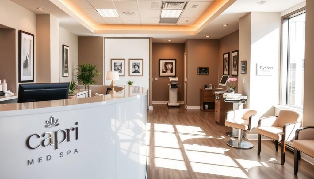 A modern, sleek med spa interior with bright, natural lighting filtering through large windows. In the foreground, a stylish reception desk adorned with the Capri Med Spa logo. Behind it, a warm and inviting waiting area with comfortable chairs and a soothing color palette. In the middle ground, a hallway leading to treatment rooms, its walls adorned with framed art pieces. The background features state-of-the-art medical equipment and discreet signage directing patients to the Dysport treatment area. The overall atmosphere conveys professionalism, cleanliness, and a sense of rejuvenation.