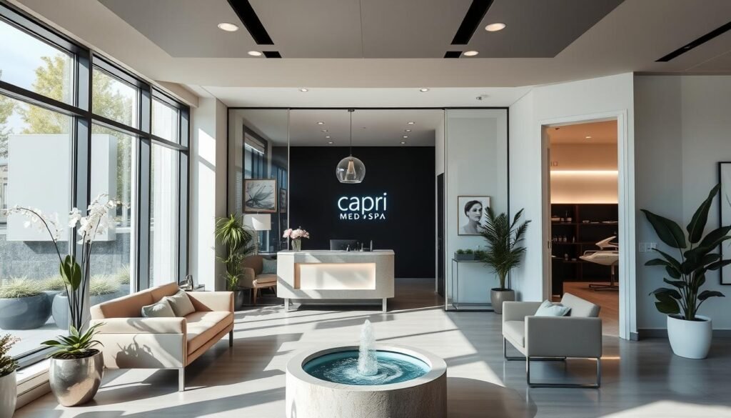 A modern, well-appointed skincare clinic in Toluca Lake, with a sleek exterior and inviting atmosphere. The entrance features large windows and a minimalist design, allowing natural light to flood the reception area. The lobby has plush seating, fresh flowers, and a soothing water feature, creating a tranquil ambiance. In the background, the Capri Med Spa sign is prominently displayed, exuding a sense of professionalism and expertise. The clinic's interior is tastefully decorated, with neutral tones, contemporary artwork, and state-of-the-art equipment visible through open doorways, hinting at the high-quality treatments available. The overall mood is one of relaxation, comfort, and trust, setting the stage for a transformative skincare experience.