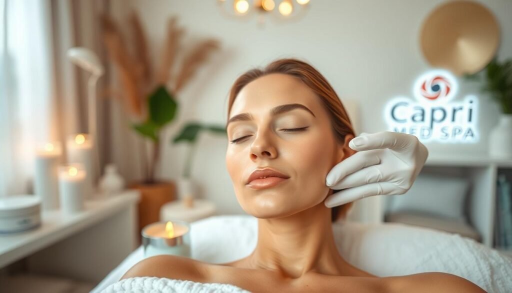 A peaceful, serene skin recovery scene at Capri Med Spa. In the foreground, a tranquil skincare routine unfolds - moisturizers, serums, and soothing creams being gently applied to a model's complexion, with a radiant, healthy glow emerging. The middle ground showcases a cozy, relaxing environment, with soft lighting, calming colors, and natural textures. In the background, a glimpse of the Capri Med Spa logo and branding subtly hints at the clinic's expertise. The overall atmosphere conveys a sense of soothing rejuvenation, as the skin recovers from targeted black spot removal treatments.