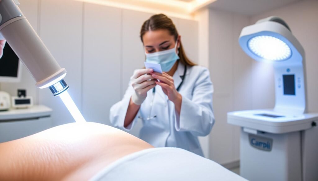 A pristine medical facility, Capri Med Spa, showcases various birthmark removal methods. In the foreground, a high-precision laser treatment illuminates the skin, carefully targeting the discolored area. The middle ground depicts a dermatologist's skilled hands applying a specialized topical cream, while the background features a cryotherapy unit emitting a frosty mist, gently freezing away the imperfection. Soft, natural lighting accentuates the clinical yet soothing atmosphere, instilling a sense of confidence and comfort in the patient. The image conveys the expertise and advanced techniques available at Capri Med Spa to effectively and safely remove birthmarks.