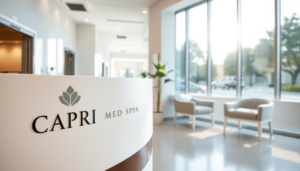 A pristine medical spa interior, bathed in soft, natural lighting. The foreground features the Capri Med Spa logo prominently displayed on a sleek, modern reception desk. In the middle ground, a hallway leads to treatment rooms, hinting at the rejuvenating services offered. The background showcases large windows overlooking the serene, tree-lined streets of Altadena, creating a calming, inviting atmosphere. The overall scene conveys a sense of professionalism, comfort, and the high-quality microdermabrasion treatments available at this prestigious establishment.