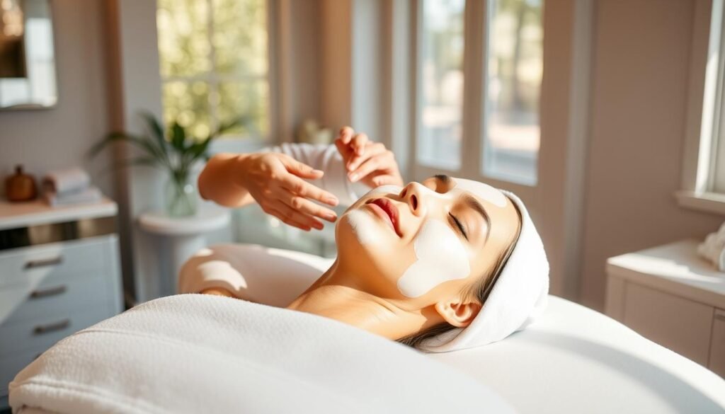 A pristine, well-lit facial treatment room at the Capri Med Spa in Toluca Lake. A model reclines comfortably on a padded treatment table, as a technician gently applies a brightening facial mask infused with vitamin C and botanical extracts. Soft, natural lighting filters in through large windows, creating a warm, soothing ambiance. The technician's hands move with precision and care, carefully massaging the mask into the model's skin. The model's expression is one of relaxation and rejuvenation, their complexion glowing with a radiant, youthful luminescence.