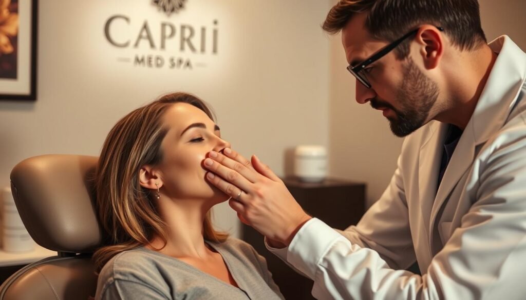 A professional consultation at Capri Med Spa, with a knowledgeable skincare specialist examining a client's face under soft, warm lighting. The specialist leans in closely, evaluating the client's skin with a discerning eye, discussing potential treatments for their black spots. The client sits attentively, their expression a mix of trust and anticipation. The scene conveys a sense of expertise, care, and personalized attention, reflecting the high-quality service offered at Capri Med Spa.