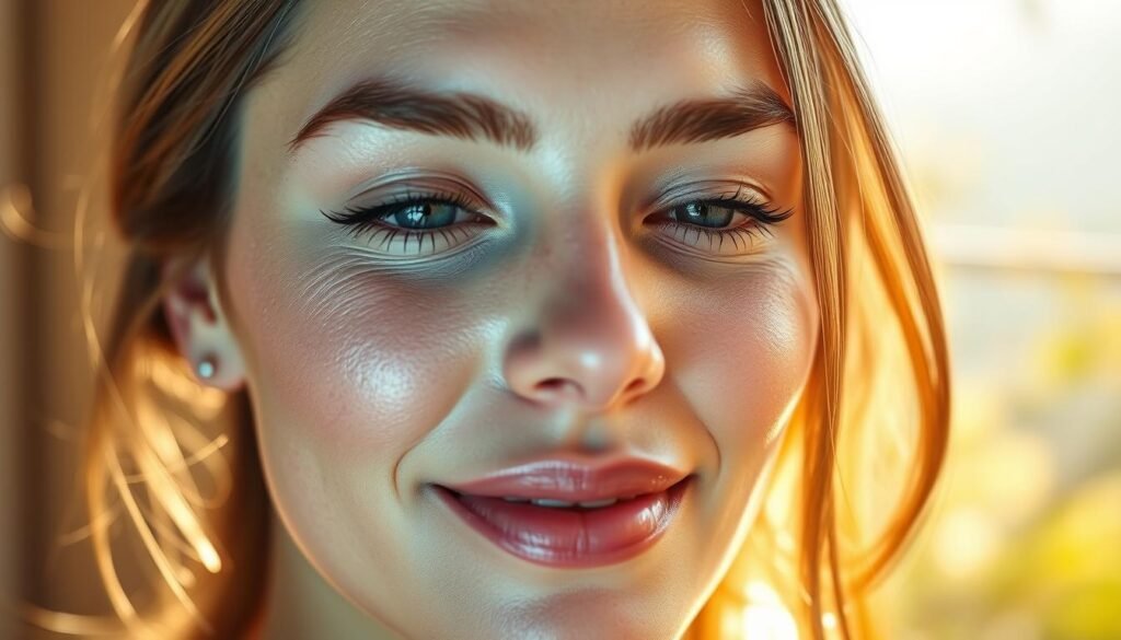 A radiant, glowing complexion in a serene, sun-drenched Altadena setting. Soft, diffused light illuminates the skin, highlighting its youthful, rejuvenated appearance. The Capri Med Spa facial treatment has transformed the subject's face, imparting a healthy, luminous glow. Subtle textures and details capture the natural, refreshed look, while the tranquil, picturesque backdrop evokes a sense of relaxation and well-being. This image perfectly encapsulates the "Results You Can Expect" from the Capri Med Spa facial experience in Altadena.