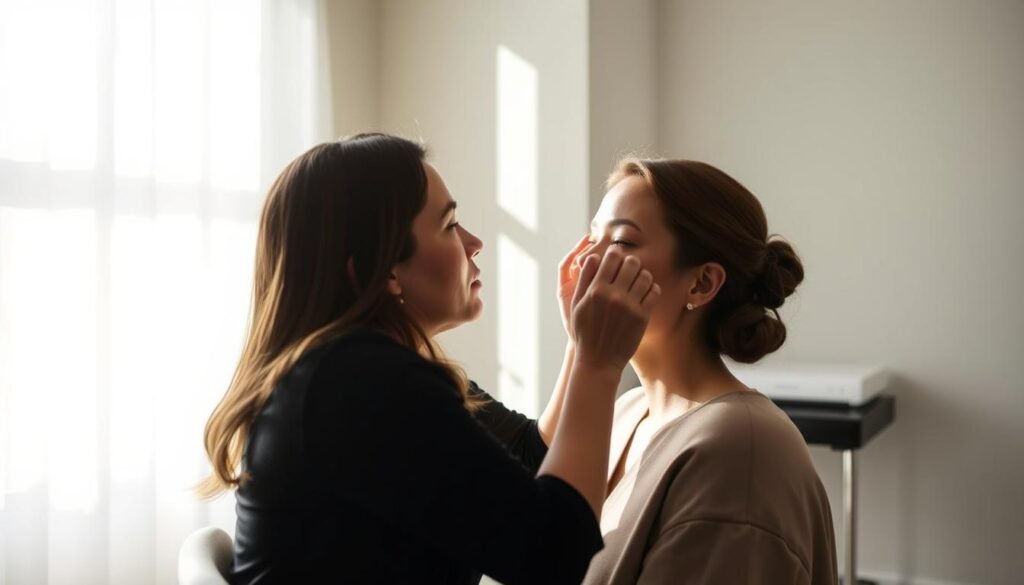 A renowned powder brows artist at Capri Med Spa in Toluca Lake, sitting in a bright, sun-drenched studio, intently focused on crafting flawless eyebrows for a customer. Soft, diffused lighting illuminates the artist's skilled hands as they delicately apply the pigment, creating natural-looking, perfectly shaped brows. The customer's face is in serene repose, reflecting the artistry and precision of the experienced practitioner. The background is a clean, minimalist space, allowing the intricate work to take center stage. An atmosphere of professionalism and attention to detail pervades the scene, showcasing the expertise that has earned the Capri Med Spa powder brows artist a loyal following.