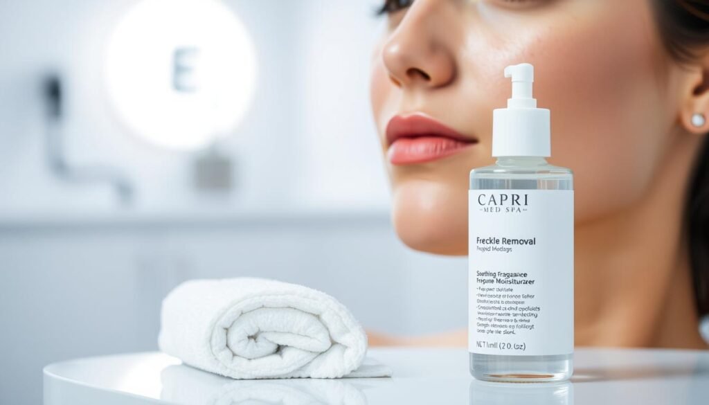 A serene and clean medical spa setting, with a close-up view of a woman's face after a freckle removal treatment. Soft, diffused lighting gently illuminates her skin, highlighting the smooth, even tone and the absence of visible blemishes. In the foreground, a clean, white towel and a bottle of soothing, fragrance-free moisturizer from Capri Med Spa sit on a sleek, minimalist table, suggesting the post-treatment care routine. The background is blurred, creating a sense of focus and calmness, emphasizing the importance of proper aftercare in achieving optimal results.