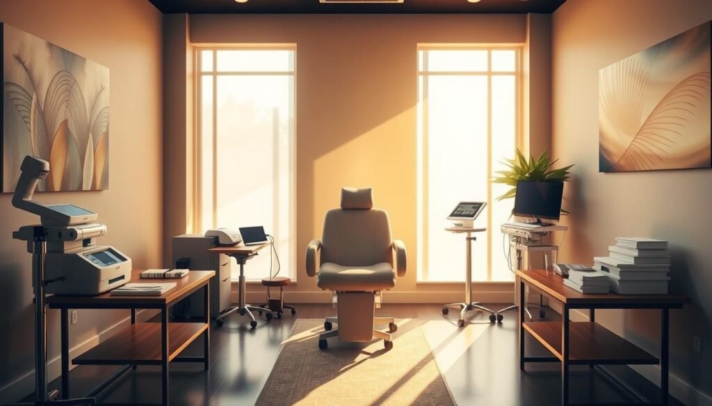 A serene and inviting scene of the Capri Med Spa's SMP treatment room in Altadena. The space is bathed in warm, natural lighting that filters through large windows, casting a soft, diffused glow over the modern, minimalist decor. In the center, a comfortable treatment chair is positioned, surrounded by state-of-the-art equipment and supplies neatly arranged on sleek, wooden side tables. The walls are adorned with soothing, neutral-toned artwork, creating a calming atmosphere. The overall mood is one of professionalism, care, and attention to detail, perfectly suited for the skilled Capri Med Spa team to provide their renowned Scalp Micropigmentation services.