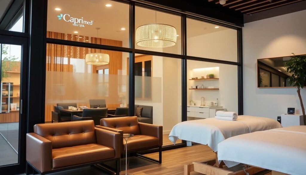 A serene and modern anti-aging spa in Toluca Lake, California. The Capri Med Spa's sleek exterior with large windows and clean lines invites you in. Inside, the reception area features plush leather seating and natural wood accents, creating a warm and calming atmosphere. In the treatment rooms, soft lighting and neutral tones soothe the senses as you sink into a comfortable massage table, prepared for a luxurious facial rejuvenation experience. The skilled aestheticians utilize the latest techniques and high-quality products to revitalize your skin, leaving you feeling refreshed and youthful. An oasis of tranquility and wellness, the Capri Med Spa promises to transport you to a serene state of relaxation.