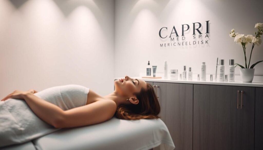 A serene and relaxing medical spa setting, with a clean, minimalist aesthetic. In the foreground, a woman reclines on a treatment table, her face gently illuminated by soft, diffused lighting. On a nearby counter, the Capri Med Spa logo is prominently displayed, along with various medical-grade skincare products and tools associated with the microneedling procedure. The background features soothing, muted colors and a sense of tranquility, conveying the professionalism and expertise of the establishment. The overall mood is one of confidence, comfort, and a promise of rejuvenated skin.