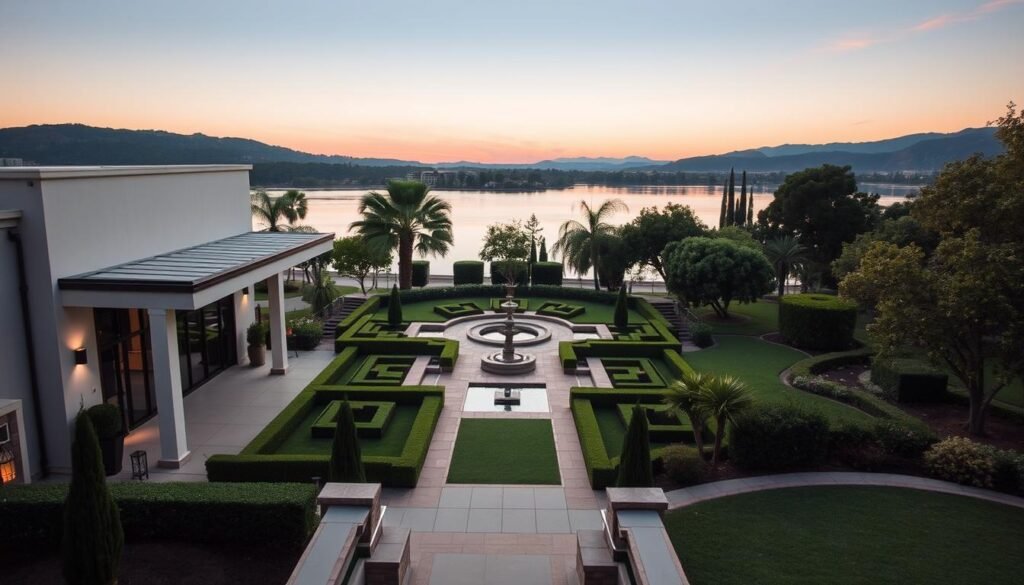 A serene and tranquil scene at Toluca Lake, featuring the Capri Med Spa's elegant temple fillers treatment center. The foreground showcases the sleek, modern architecture of the spa, with clean lines and a welcoming entrance. The middle ground depicts the lush, manicured gardens surrounding the building, with carefully arranged pathways and serene water features. In the background, the picturesque Toluca Lake provides a calming backdrop, with its serene waters reflecting the sky and the surrounding natural beauty. The lighting is soft and diffused, creating a warm, inviting atmosphere. The overall mood is one of relaxation, wellness, and rejuvenation, perfectly capturing the essence of the Capri Med Spa experience.