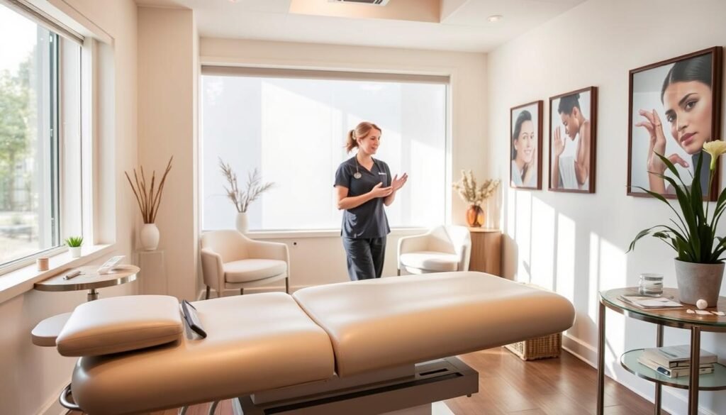 A serene and welcoming interior of the Capri Med Spa in Altadena, showcasing the scar removal treatments. A bright, airy room with natural lighting filtering through large windows. In the foreground, a high-quality medical examination table or treatment couch, sterile and inviting. Medical instruments and supplies are neatly arranged on a side table, conveying a sense of professionalism and care. The middle ground features a nurse or technician, warmly greeting a patient and explaining the scar removal process. The background depicts the spa's tranquil ambiance, with soothing artwork, calming colors, and a general atmosphere of relaxation and healing.