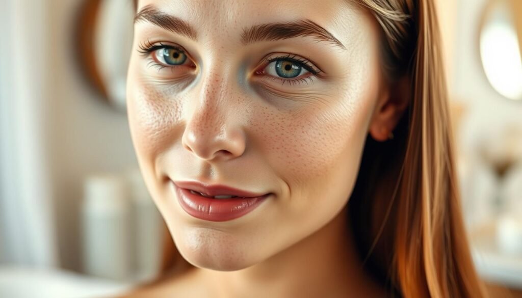 A serene and well-lit close-up of a youthful, vibrant complexion with glowing, evenly-toned skin. The skin is free of visible freckles, with a smooth and radiant appearance. The lighting is soft and diffused, creating a flattering and natural effect. In the background, a blurred, calming environment suggestive of a luxurious spa setting, such as Capri Med Spa, establishes a tranquil atmosphere. The image conveys the rejuvenating and confidence-boosting benefits of effective freckle removal treatments.