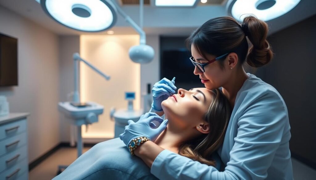 A serene, clinical setting where a patient undergoes Kybella treatment at Capri Med Spa. Bright, diffused lighting illuminates the treatment area, casting a warm, professional ambiance. The patient reclines comfortably as the practitioner administers the injections, their movements precise and confident. In the background, medical equipment and sleek, minimalist decor suggest a state-of-the-art facility dedicated to aesthetic medicine. The scene conveys the transformative power of Kybella, a non-surgical solution for achieving a slimmer, more defined chin.